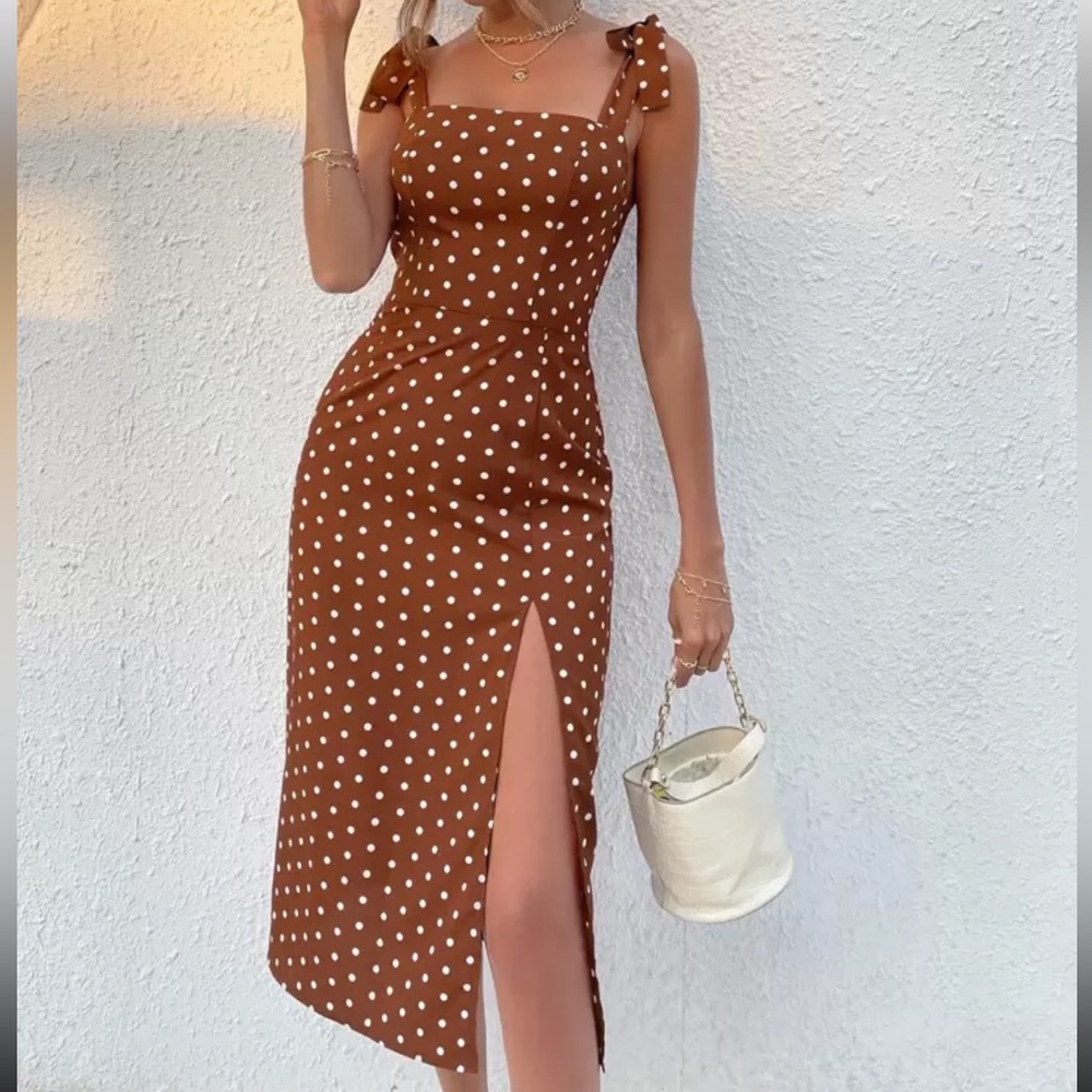 SHEIN S 4 Brown Polka Dot Midi Dress Slit Thigh Shoulder Tie Zipper Side